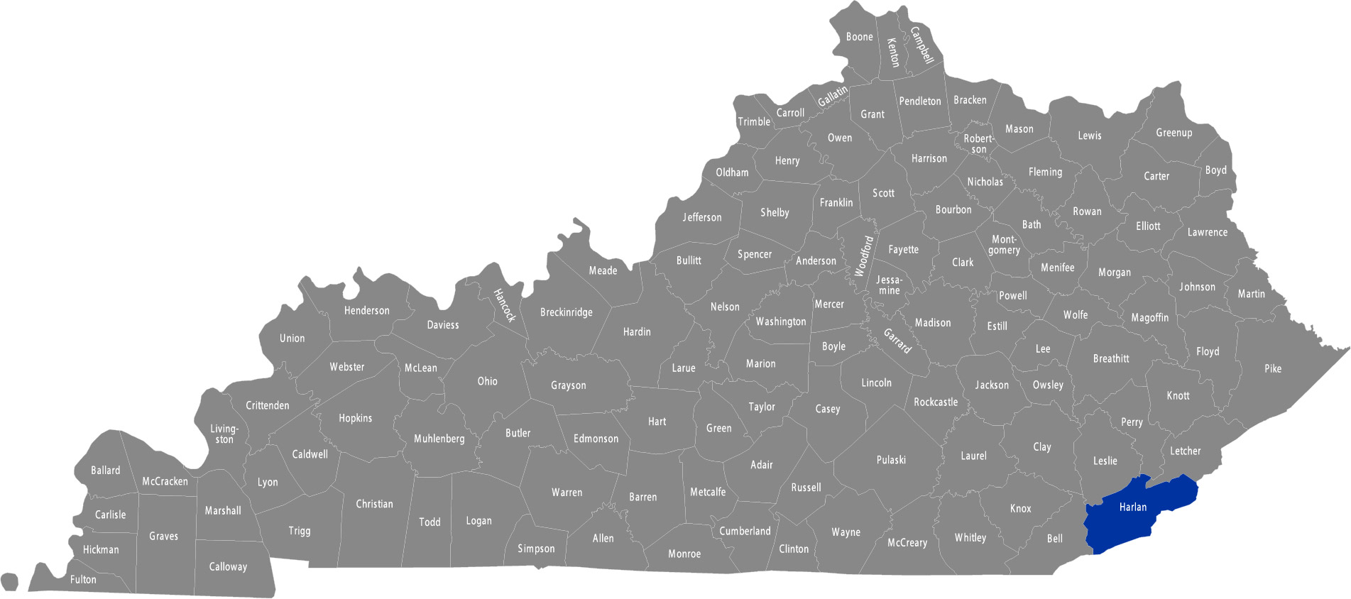 State of Kentucky map with Harlan County highlighted 